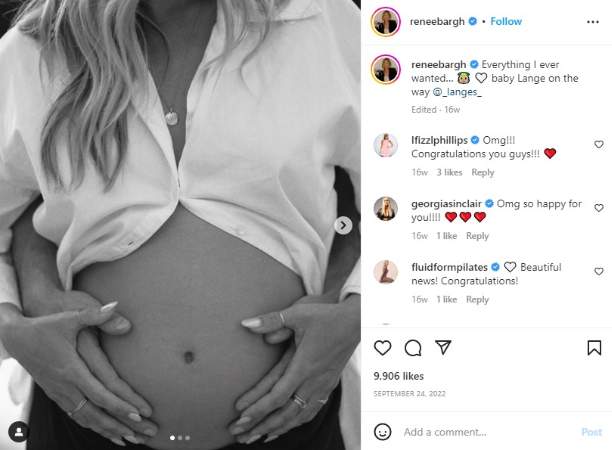 Renee Bargh announcing her pregnancy on her Instagram.
